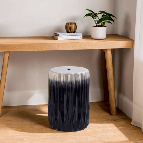 Orsina Side Table with a stylish ribbed design in navy and white, perfect for modern interiors