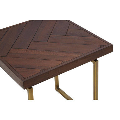 Orsina Side Table with a Stylish Herringbone Wood Top and Elegant Brass Legs