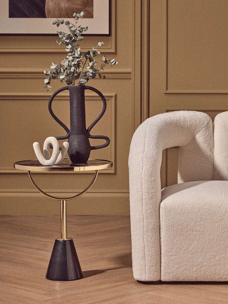Orsina Side Table with Gold Circular Top and Black Base, Perfect for Modern Living Spaces