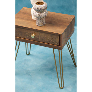 Orsina Side Table with Wooden Top and Gold Metal Legs, featuring a single drawer for storage