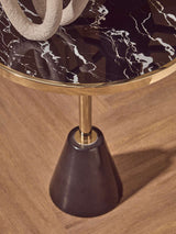 Orsina Side Table with a black marble top and gold edges, featuring a stylish cone-shaped base