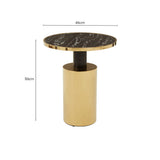 Orsina Side Table with a round marble top and gold metal base, measuring 46cm diameter and 50cm height