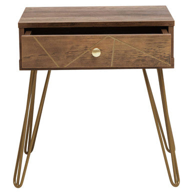 Orsina Side Table with a wooden drawer and sleek metal legs, perfect for modern living rooms