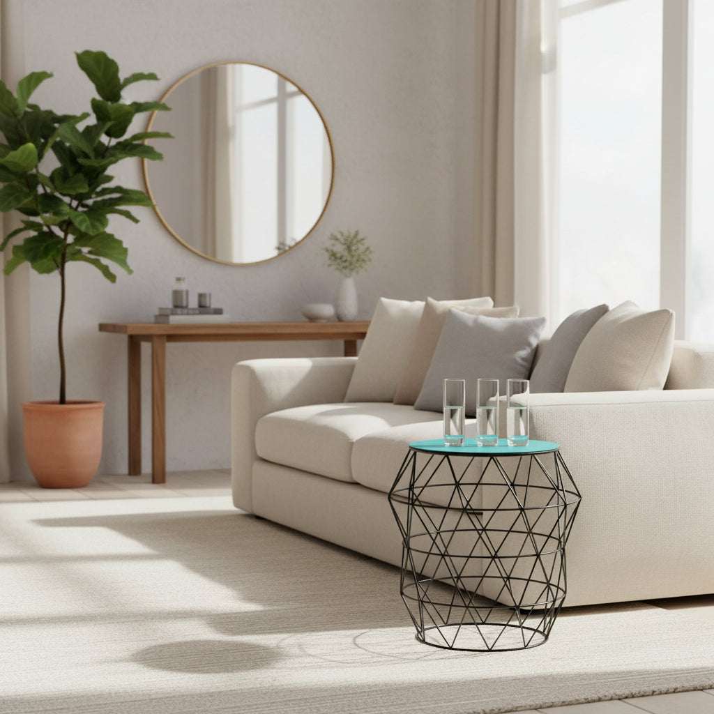 Modern Orsina Side Table with Geometric Design and Glass Top beside a comfortable sofa in a bright living room