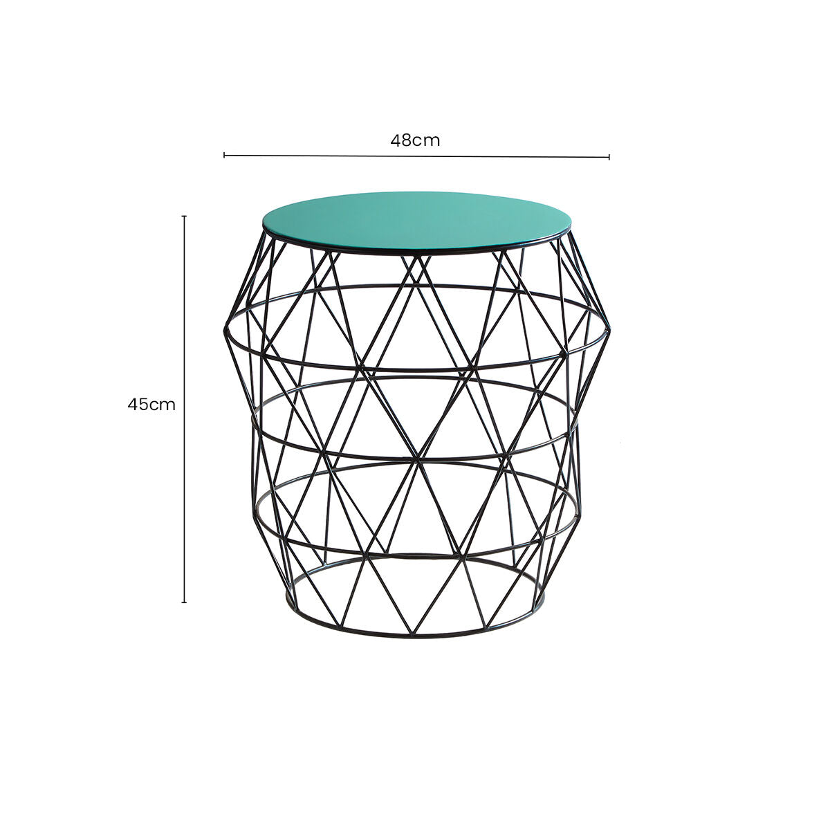 Orsina Side Table with Geometric Black Metal Base and Turquoise Top, 48cm diameter, 45cm height