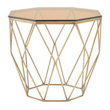 Orsina Side Table with geometric metal base and glass top, perfect for modern living spaces