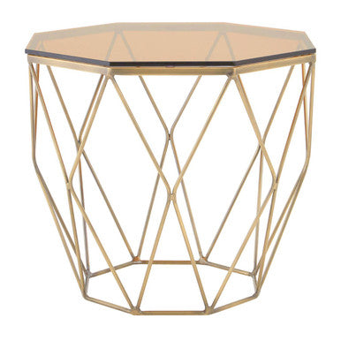 Orsina Side Table with geometric metal base and glass top, perfect for modern living spaces