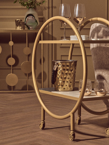 Orsina Side Table Bar Cart with Gold Finish and Glassware for Elegant Entertaining