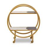 Orsina elegant gold bar cart featuring circular design, two shelves, and wheels for easy movement, perfect as a Side Table