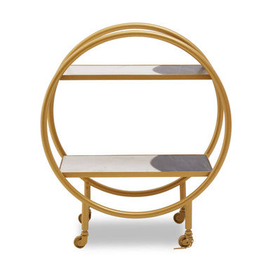 Orsina elegant gold bar cart featuring circular design, two shelves, and wheels for easy movement, perfect as a Side Table