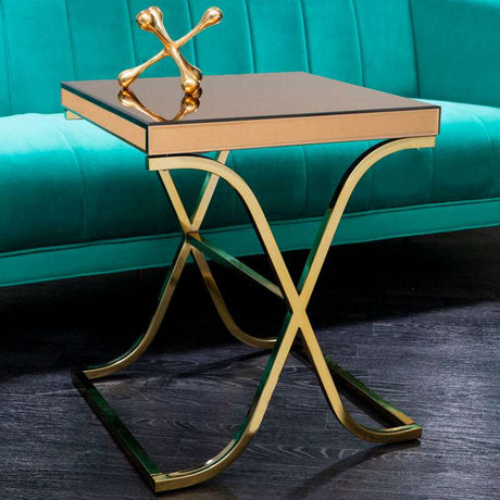 Orsina Side Table with a sleek mirrored top and elegant gold metal legs for modern interiors