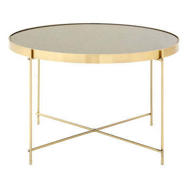 Orsina Side Table with a round glass top and gold metal legs, perfect for modern living rooms