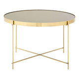 Orsina Side Table with a round glass top and gold metal legs, perfect for modern living rooms