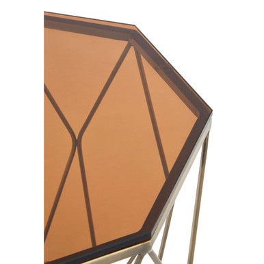 Orsina Side Table with a unique octagonal glass top in a warm amber hue and stylish metal base
