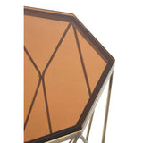 Orsina Side Table with a unique octagonal glass top in a warm amber hue and stylish metal base