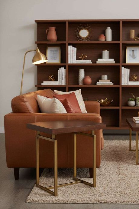 Orsina Side Table with a sleek wooden top and gold metal legs, placed beside a brown leather sofa