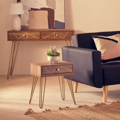 Orsina Side Table with geometric design and gold accents, perfect for living room decor