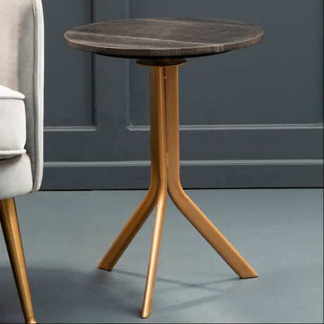Orsina Side Table with a dark wood top and stylish gold metal legs, perfect for modern interiors