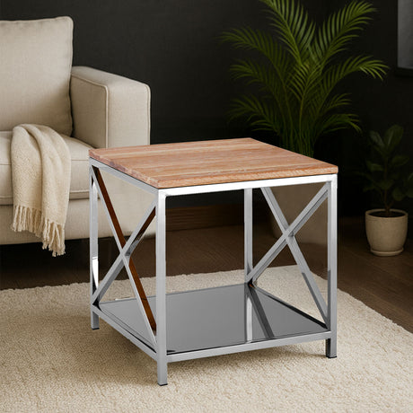 Stylish Orsina Side Table with a wooden top and chrome base for modern living spaces