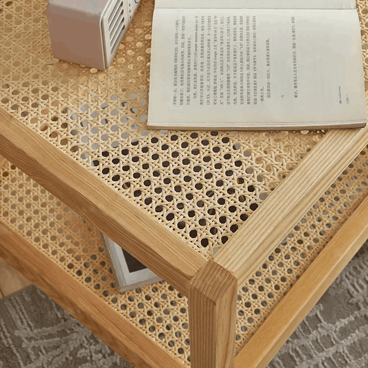 Nisu Home Stylish Wooden Side Table with Rattan Shelf and Clean Modern Design