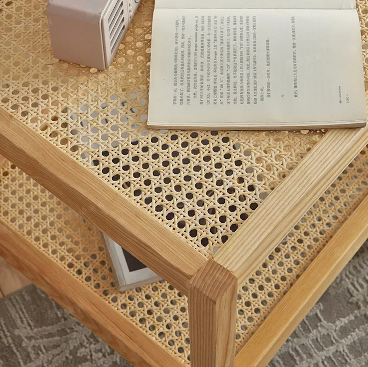 Nisu Home Stylish Wooden Side Table with Rattan Shelf and Clean Modern Design