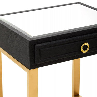 Orsina Black Side Table with Mirror Top and Gold Metal Legs, featuring a single drawer