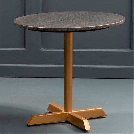 Orsina Side Table with a round dark wood top and a stylish gold metal base