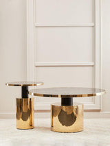 Orsina Side Table set featuring round tops and elegant gold bases for stylish living spaces