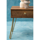 Orsina Side Table in Wood Finish with Gold Hairpin Legs and Decorative Drawer