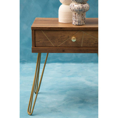 Orsina Side Table in Wood Finish with Gold Hairpin Legs and Decorative Drawer