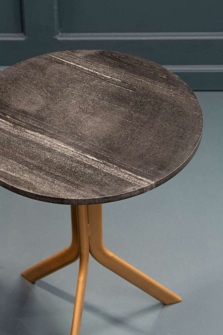 Orsina Side Table with a Round Dark Stone Top and Stylish Wooden Legs