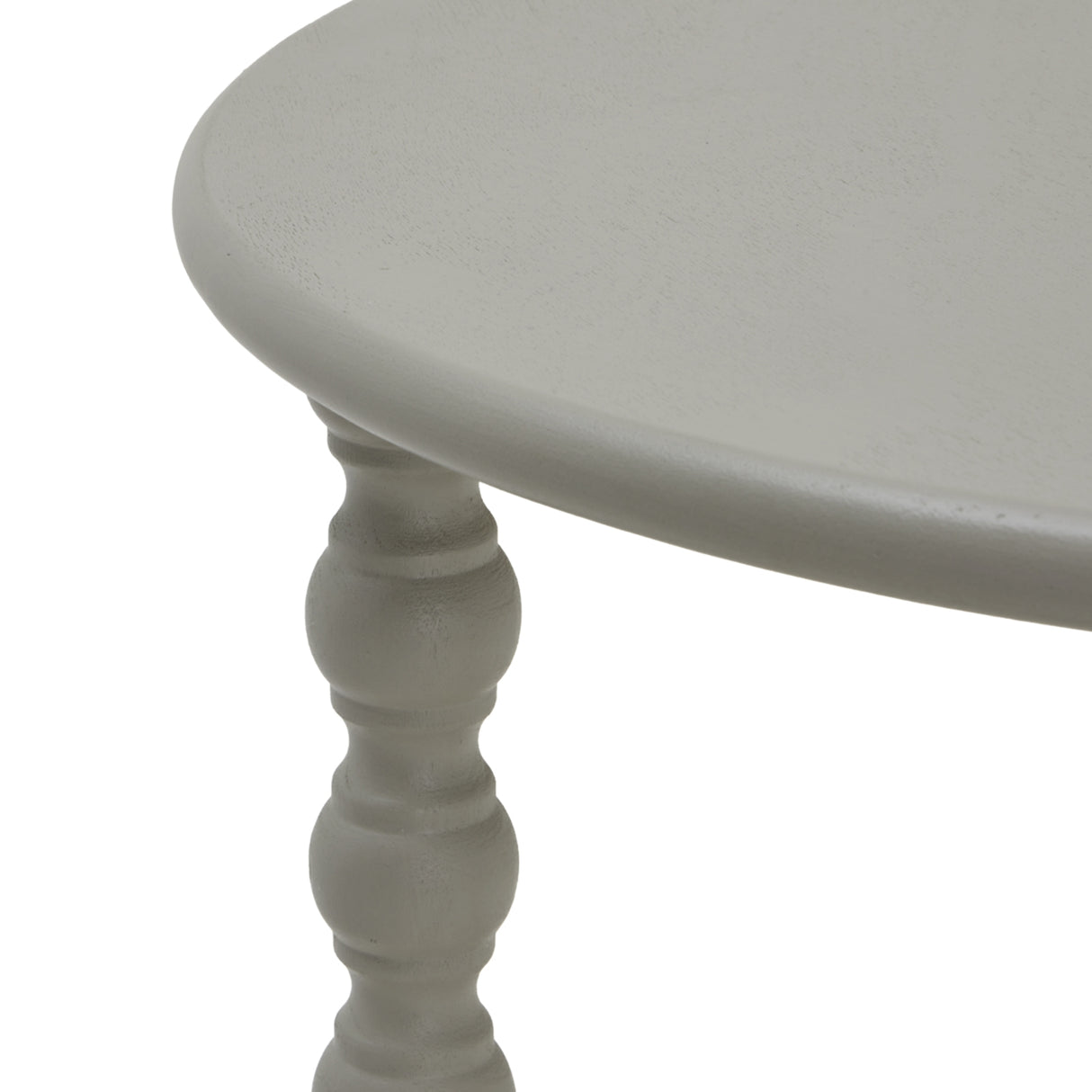 Elegant grey side table with turned wooden legs, perfect for any living space