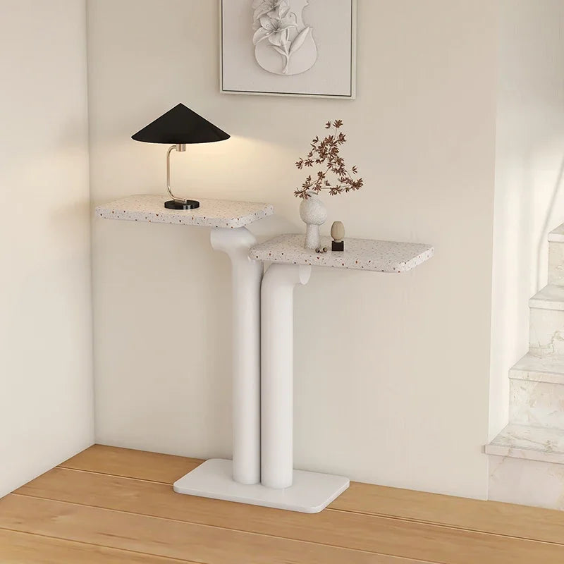 Nisu Home modern side table with two tiered surfaces and lamp for stylish living spaces
