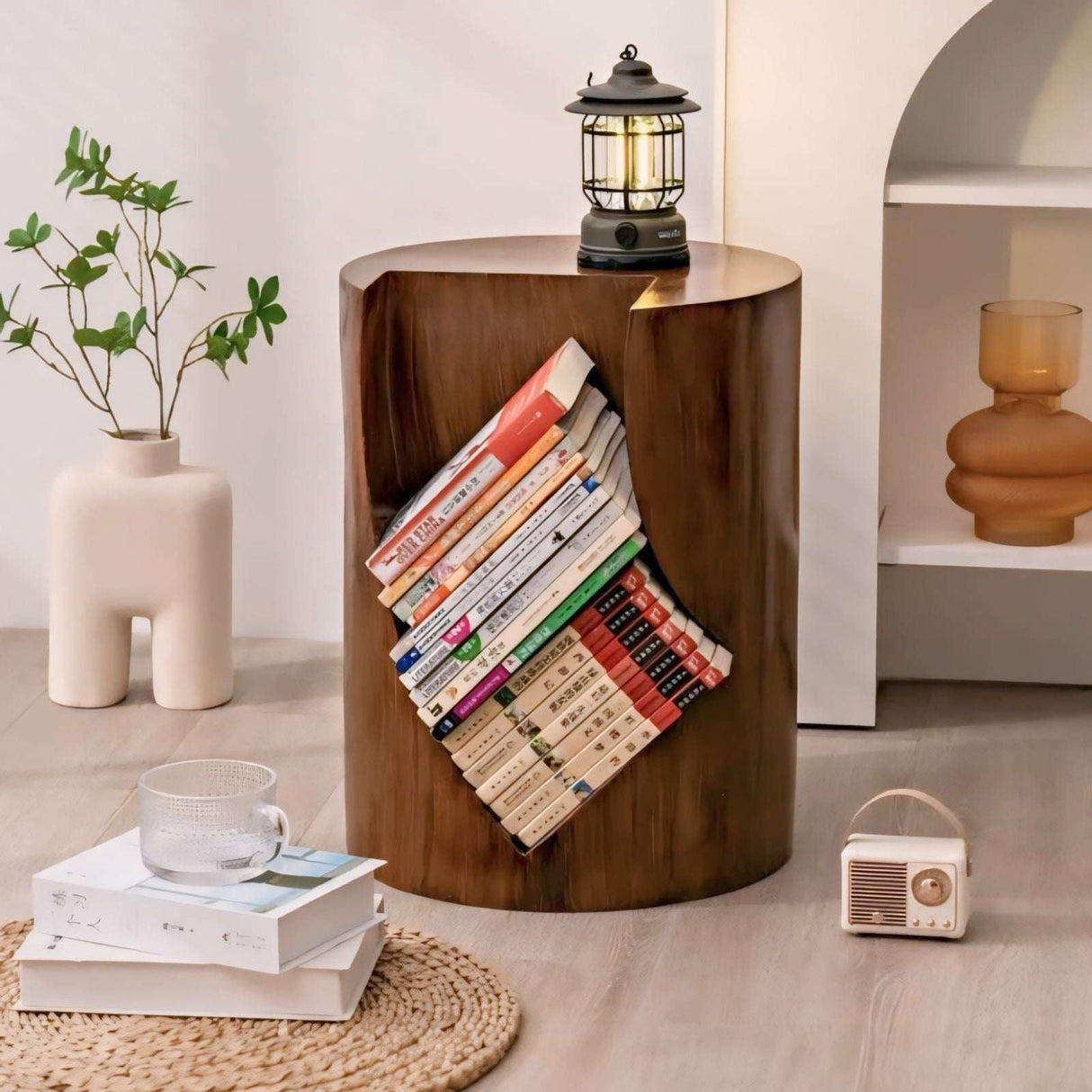 Nisu Home Wooden Side Table with Unique Book Design and Lantern, Perfect for Living Rooms