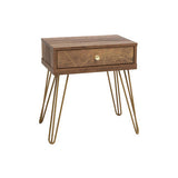 Orsina Side Table in Wood and Gold with One Drawer and Stylish Hairpin Legs