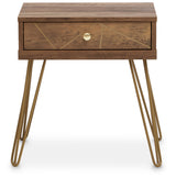 Orsina Side Table with a Drawer and Gold Hairpin Legs in Rustic Wood Finish