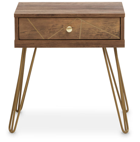 Orsina Side Table with a Drawer and Gold Hairpin Legs in Rustic Wood Finish