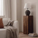 Nisu Home Side Table in Wooden Finish with Lamp and Neutral Decor for Modern Living Rooms