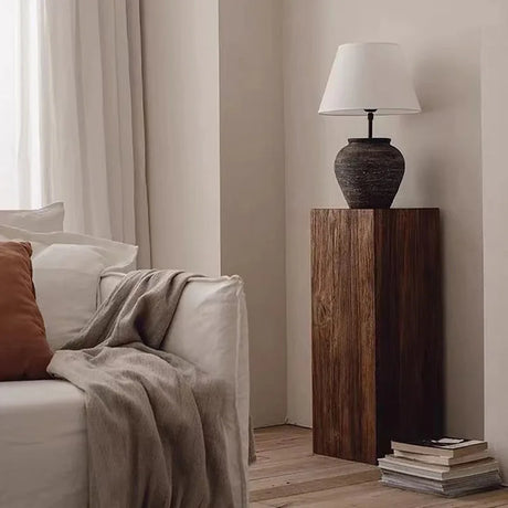 Nisu Home Side Table in Wooden Finish with Lamp and Neutral Decor for Modern Living Rooms