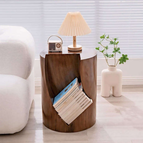 Nisu Home Wooden Side Table with Unique Design and Book Storage Compartment
