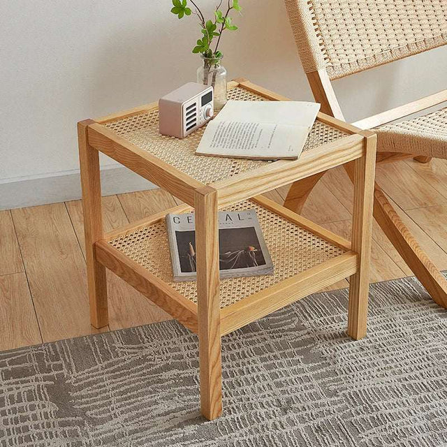 Nisu Home Wooden Side Table with Rattan Top and Stylish Design for Modern Interiors