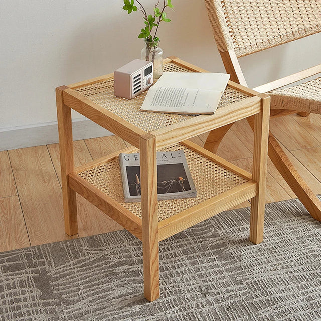 Nisu Home Wooden Side Table with Rattan Top and Stylish Design for Modern Interiors