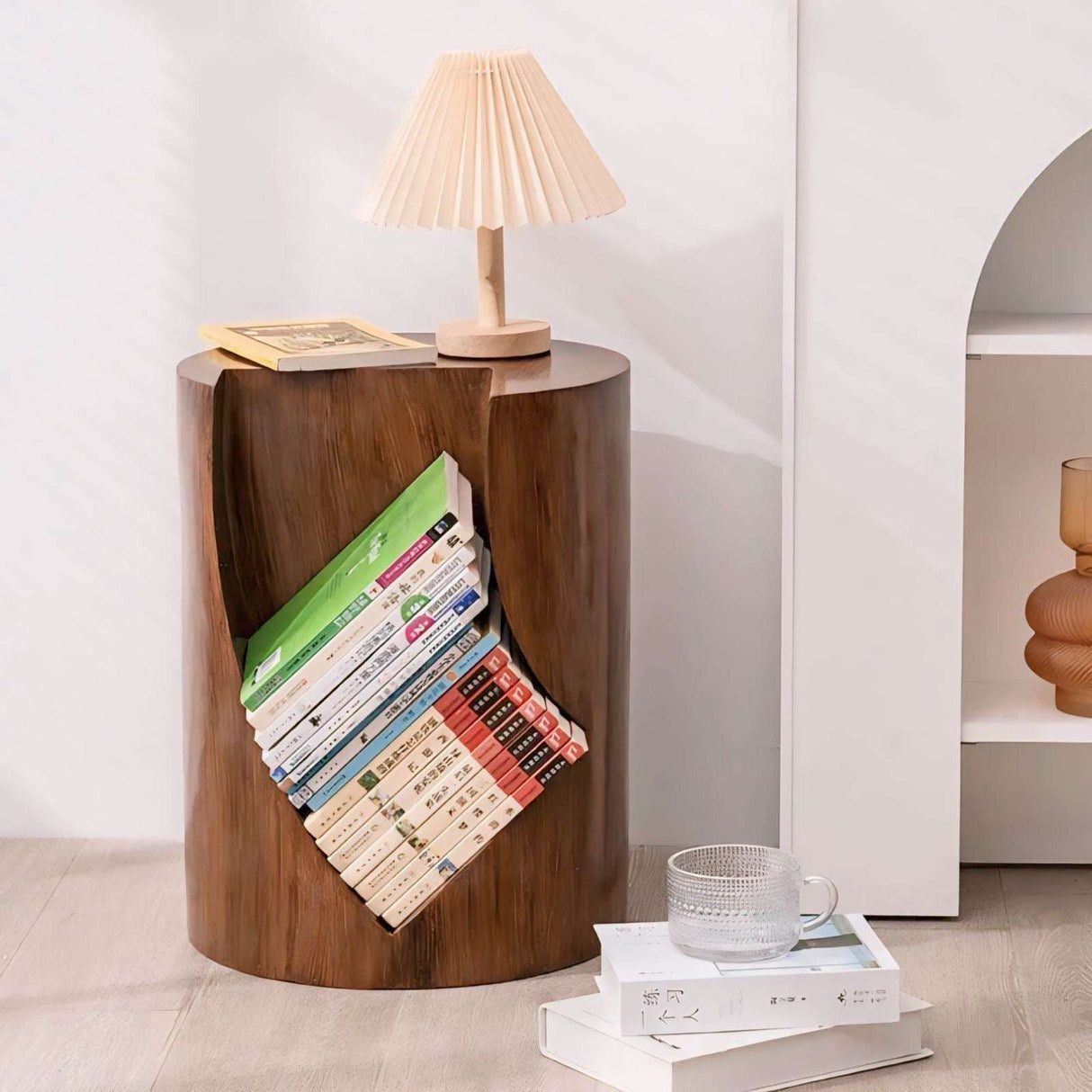 Nisu Home Side Table with integrated book storage and a lamp, perfect for modern living spaces