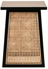 Orsina Side Table with a modern design featuring a black frame and natural cane detailing