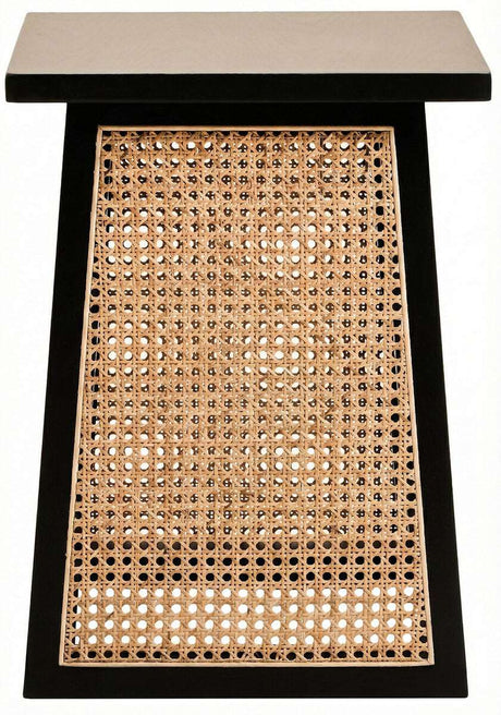 Orsina Side Table with a modern design featuring a black frame and natural cane detailing