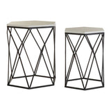 Arcana Marble and Black Metal Set Of Two Hexagonal Side Tables Orsina