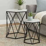 Arcana Marble and Black Metal Set Of Two Hexagonal Side Tables Orsina