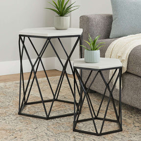 Arcana Marble and Black Metal Set Of Two Hexagonal Side Tables Orsina