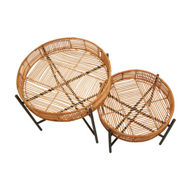 Set of two Orsina side tables with woven wicker tops and black metal legs