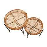 Set of two Orsina side tables with woven wicker tops and black metal legs